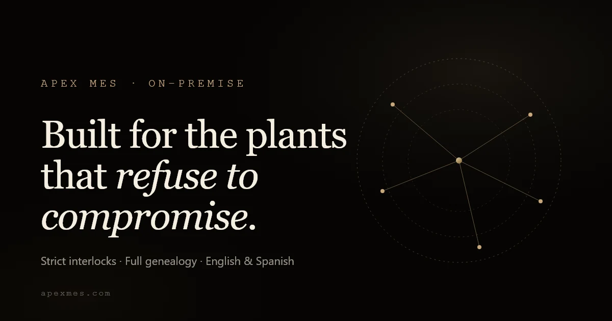 Apex MES, hecho para las plantas que no hacen concesiones: enclavamientos estrictos, genealogía completa, en español e inglés.